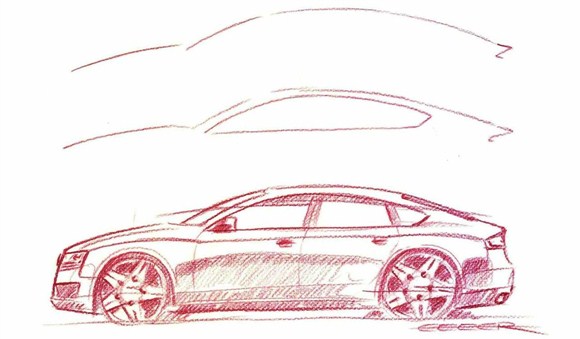 A képen az Audi A5 Sportback autó egy vázlatos tervét láthatjuk.