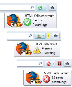 A Firefoxba épülő validátor eredménye szabványos, figyelmeztetéseket, illetve hibákat tartalmazó oldalak esetén