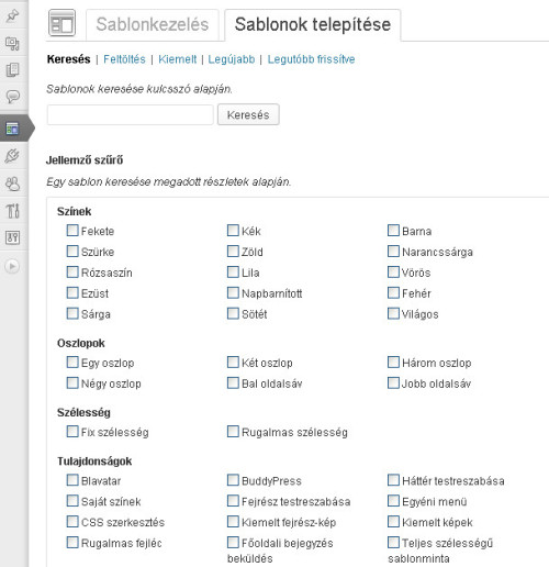 Sablon keresése kulcsszó és tulajdonságok alapján a Wordpress környezetben
