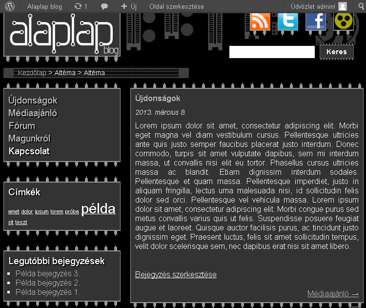 A page.php oldal kialakítása után már a menüpontokban szereplő oldalak is elérhetőek lesznek.