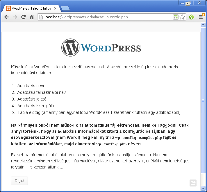 Wordpress telepítés (2. ablak)