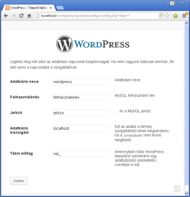 Wordpress telepítés (3. ablak)