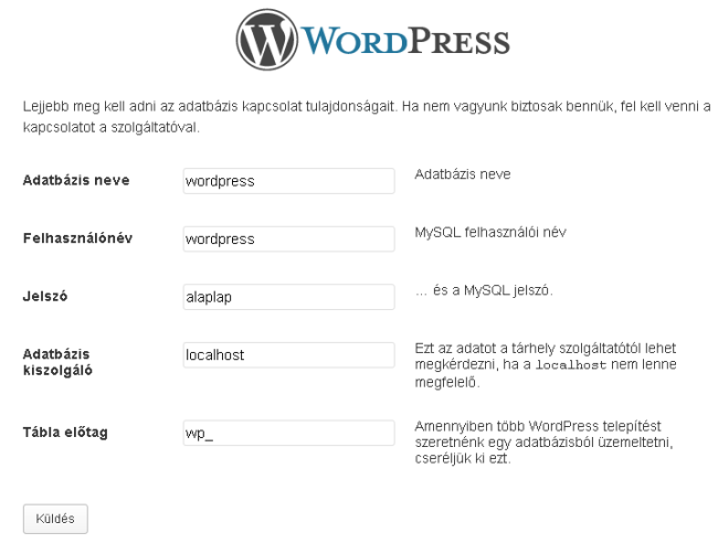 Wordpress telepítés (3. ablak - kitöltött adatokkal)