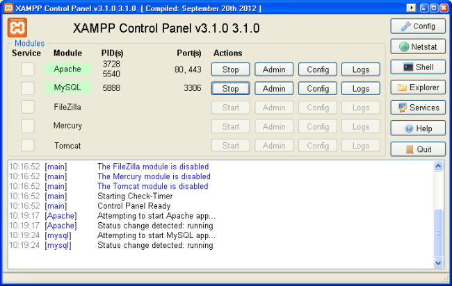 A XAMPP vezérlőpultja az Apache és MySQL elindítása után