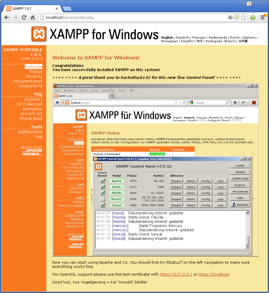 XAMPP kezdőlap a nyelvválasztás után